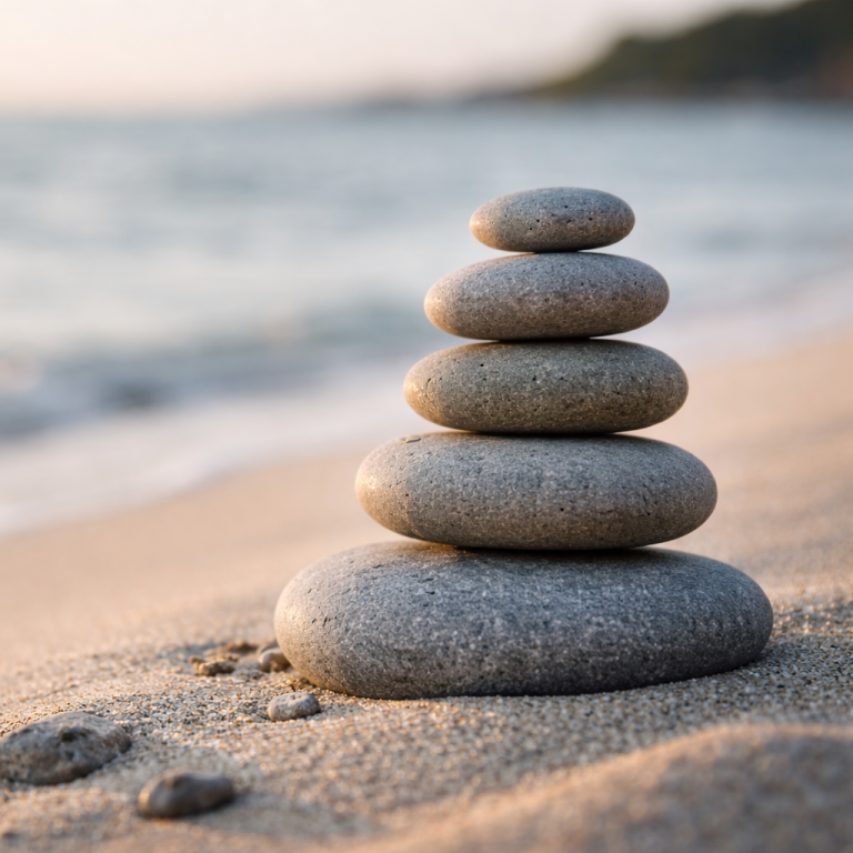 Steine in Balance am Strand als Symbol für innere Stabilität – Stressmanagement in Dresden