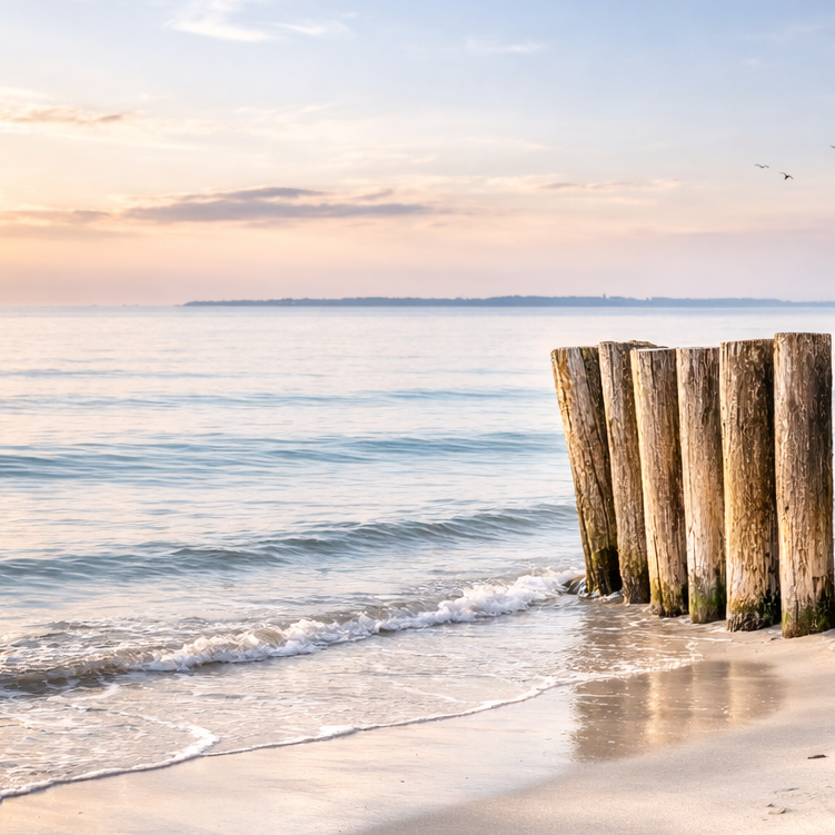 Holzpfähle am Meer als Sinnbild für stabile Führung, Teamentwicklung und strukturiertes Coaching in Dresden
